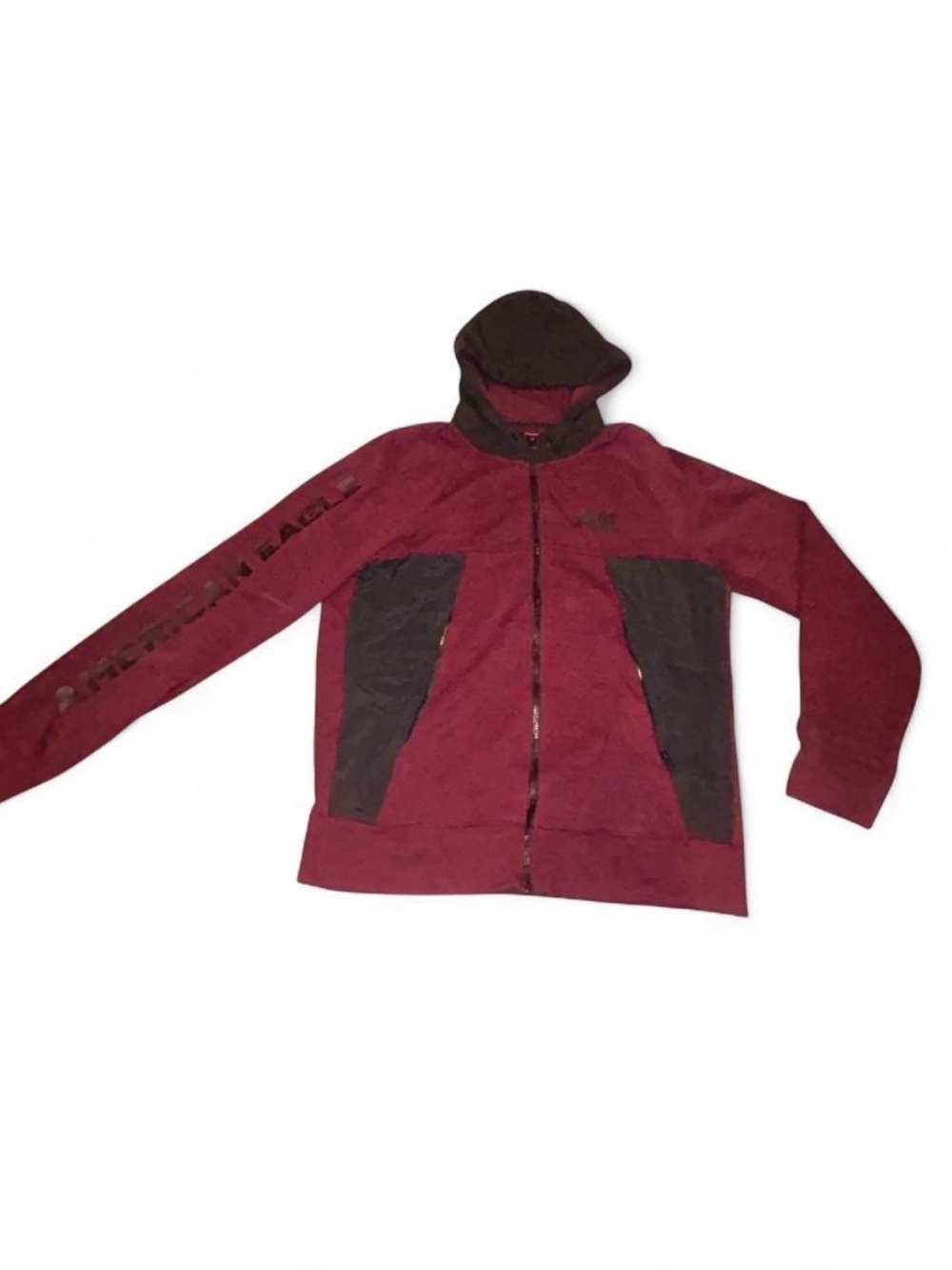 American Eagle Outfitters Men's Maroon and Black Zip Hoodie Jacket